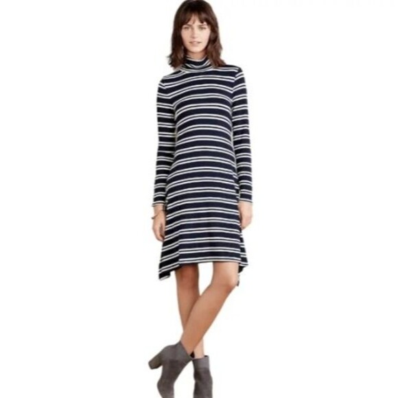 Anthro Maeve Nautical Turtleneck Blue White Stripe Trapeze Dress Stretch XSP - Picture 1 of 5